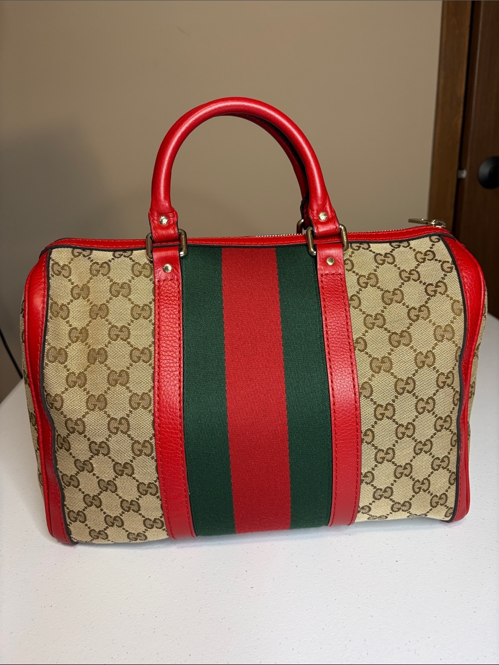 Gucci GG Supreme Web Boston Bag Leather Trim | No Strap - Picture 3 of 16